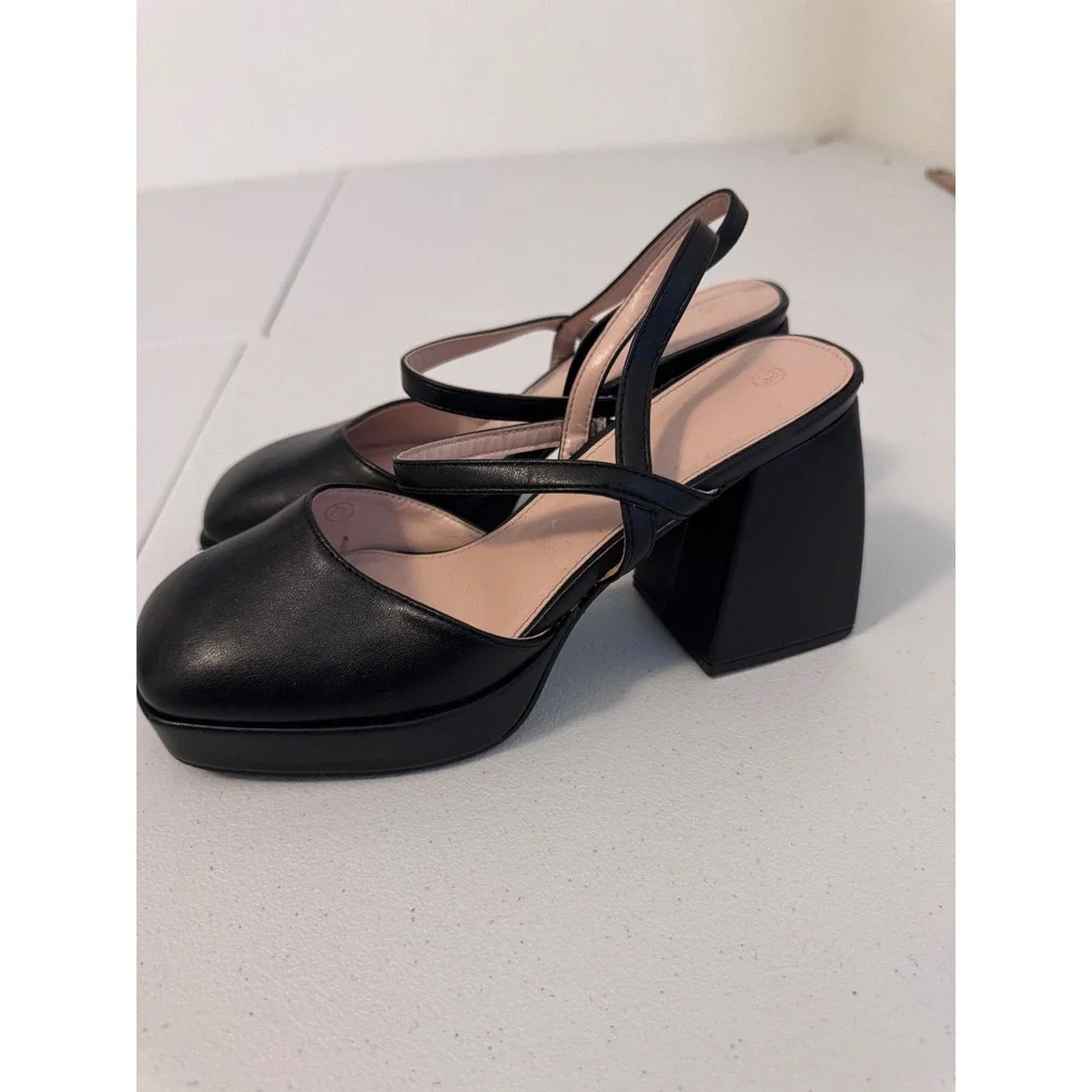 Black Square Toe Platform Mary Jane Slingback Block Heels Size 7.5 AA